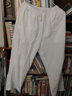 White Linen Elastic Waist Pants